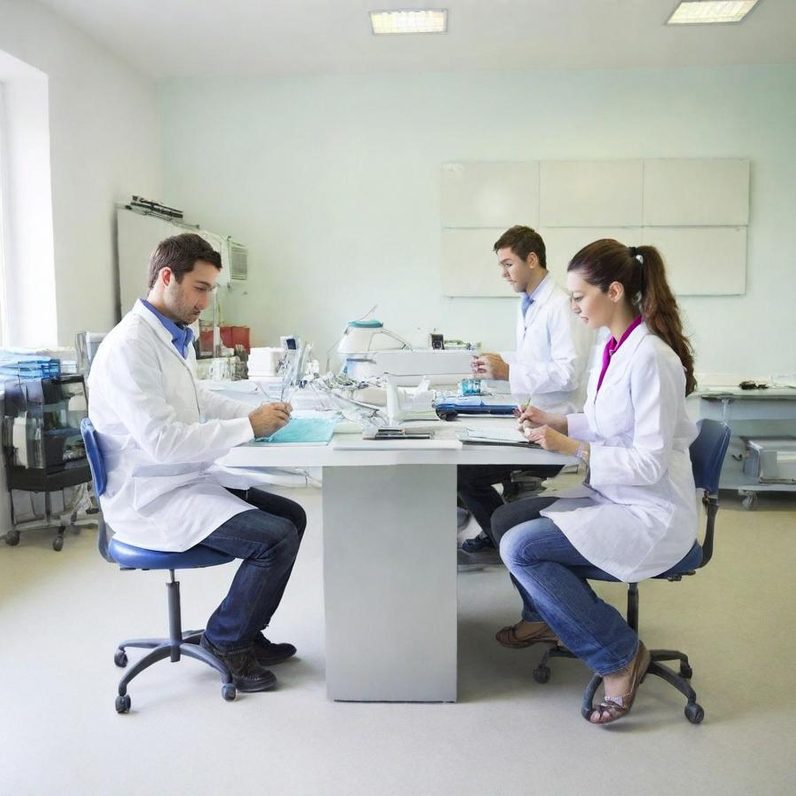 Drei junge Personen in Laborkleidung arbeiten an einem Tisch mit  Geräten.