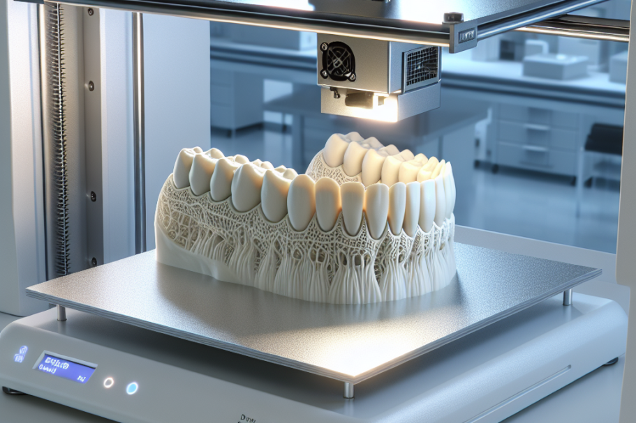 Effizienz 3D-Drucker erstellt ein Zahnmuster mit mehreren Zähnen auf einer Plattform.