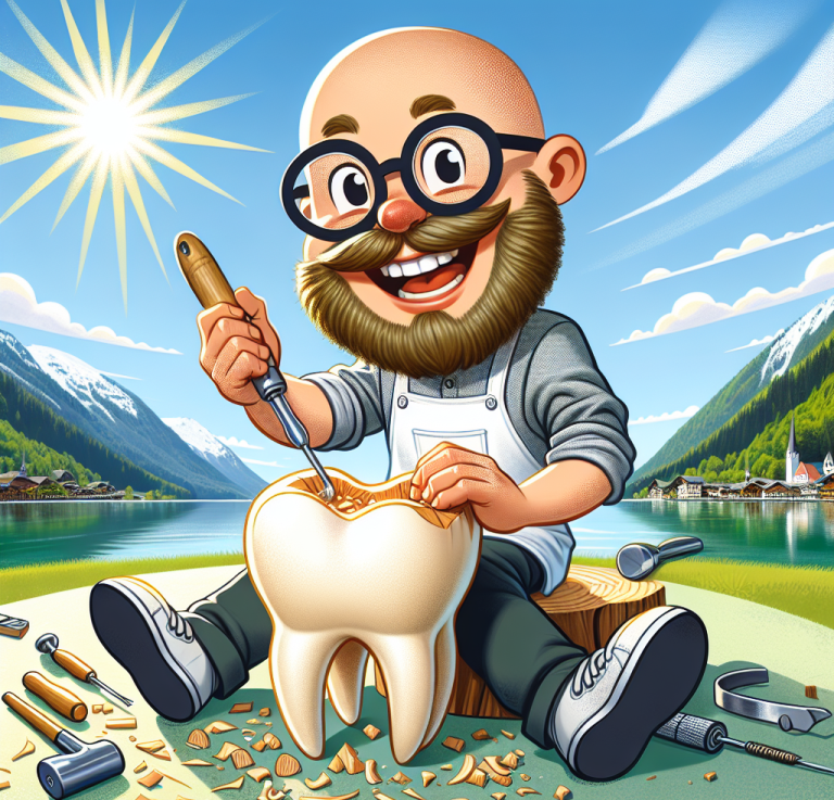 Lustiger Zahntechniker schnitzt ein großes Zahnmodell in einer malerischen Landschaft (Comic-Stil).